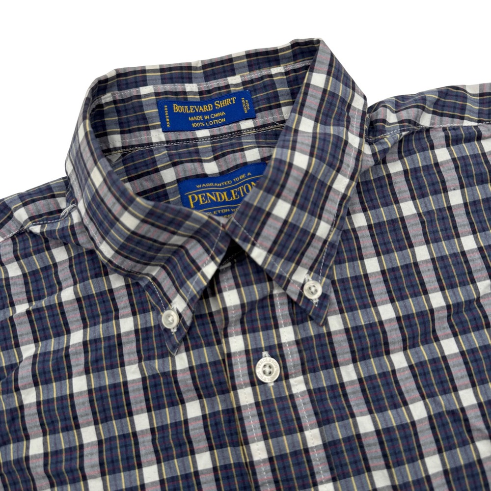 Pendleton Boulevard Shirt Men Medium Blue White Plaid Cotton Button Down Long SL